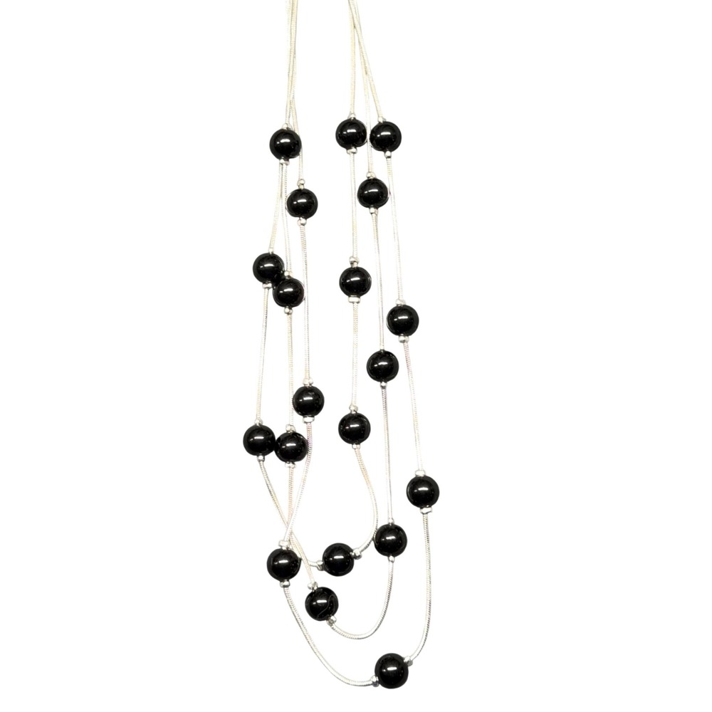 Layered Black Bead Silver Tone Snake Chain Necklace 18 in Lobster‎ Claw Clasp